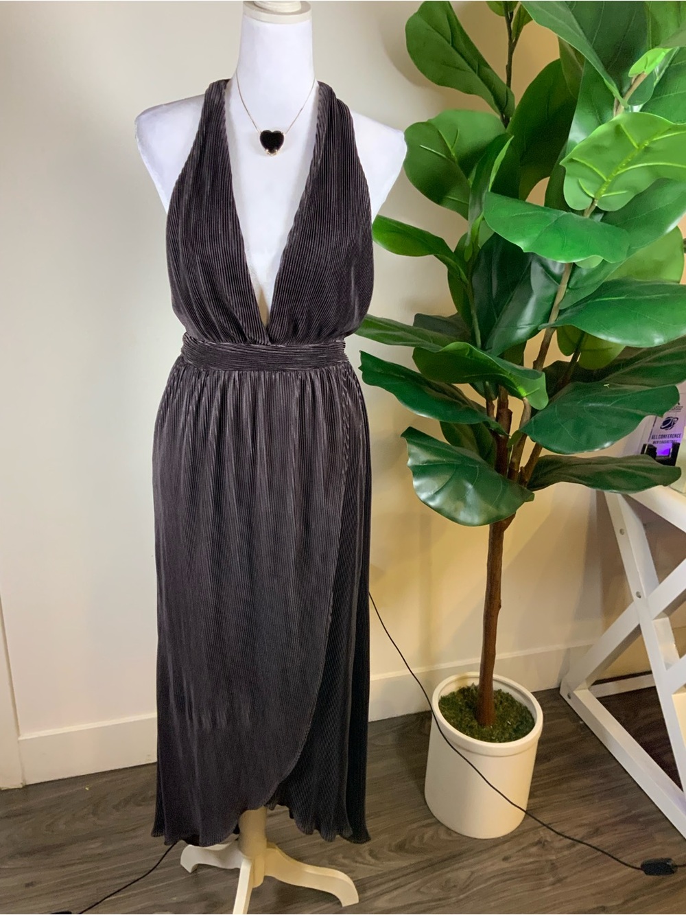 Lush Deep Charcoal Plunging One-Shoulder Pleated Maxi Dress